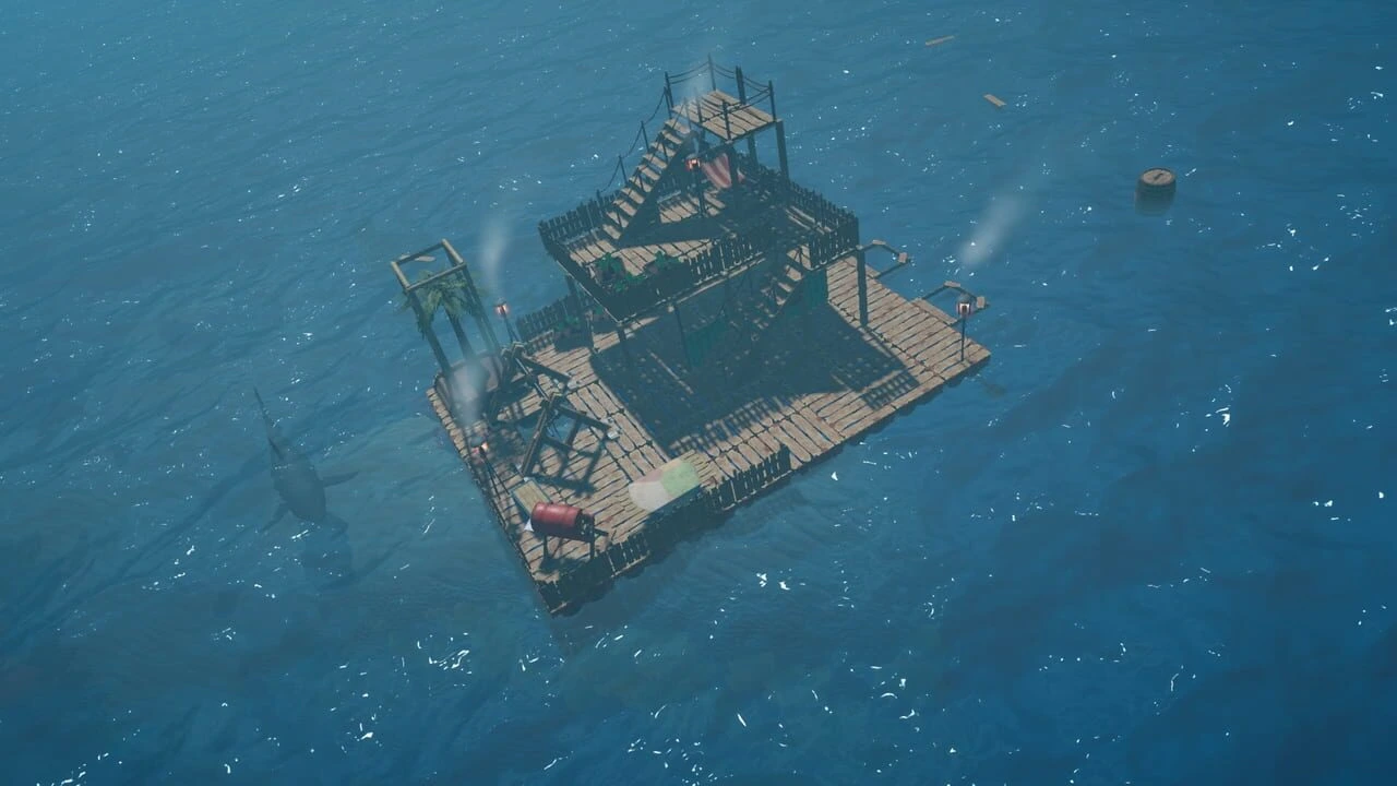 Raft overview with shark in the water